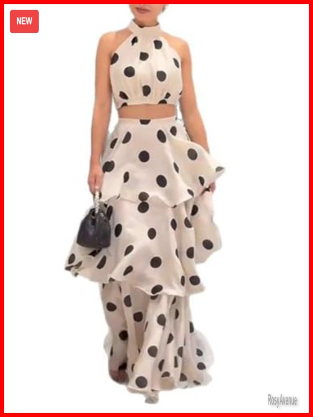 Wuitrie 2 Piece Skirt Set Off-Shoulder Crop Top Tiered A-Line Maxi Polka Dot